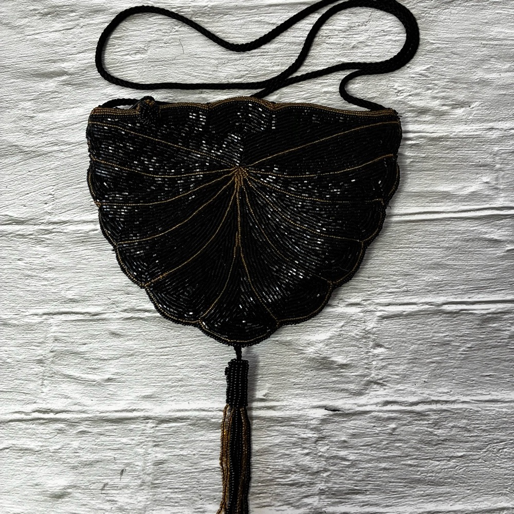 Vintage Black Beaded Scalloped Shell Shaped Evening Bag Gold Accent Beading